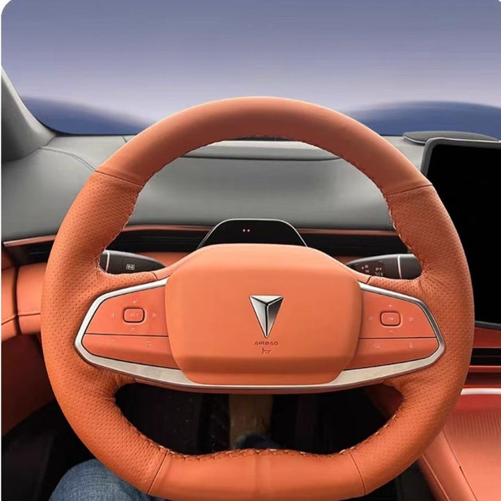 Genuine leather hand-stitched steering wheel cover for Deepal