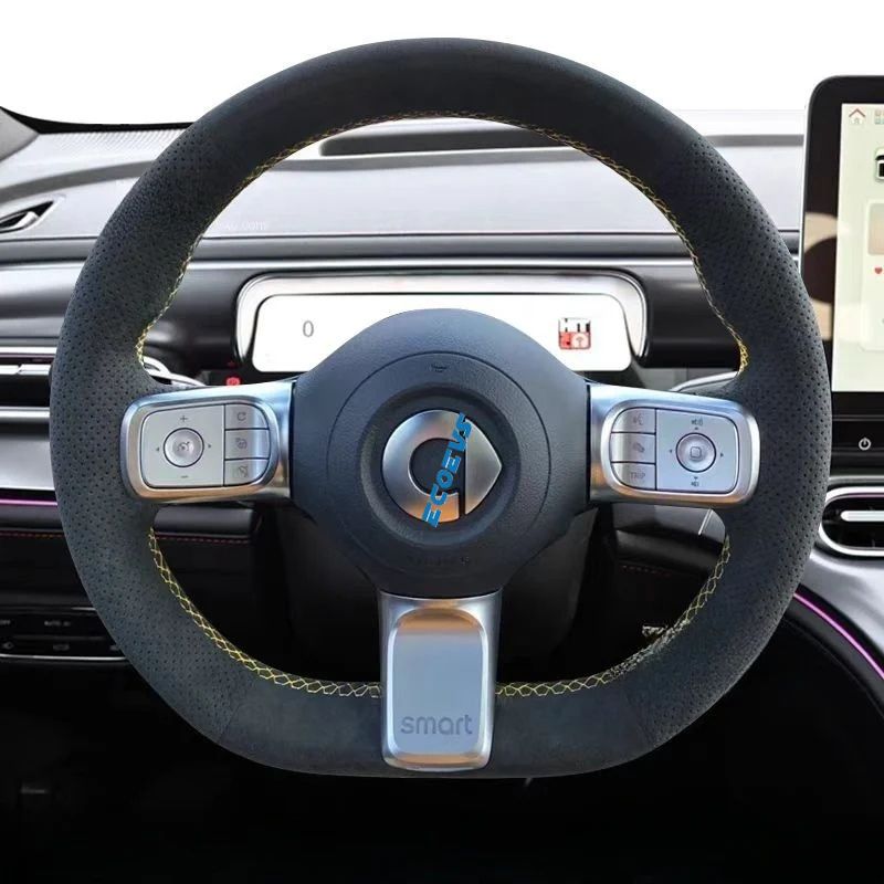 Genuine leather hand-stitched steering wheel cover for smart