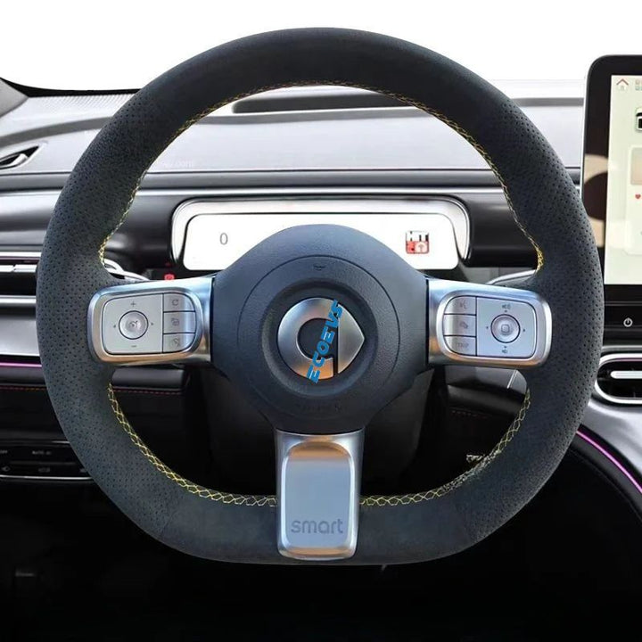 Genuine leather hand-stitched steering wheel cover for smart