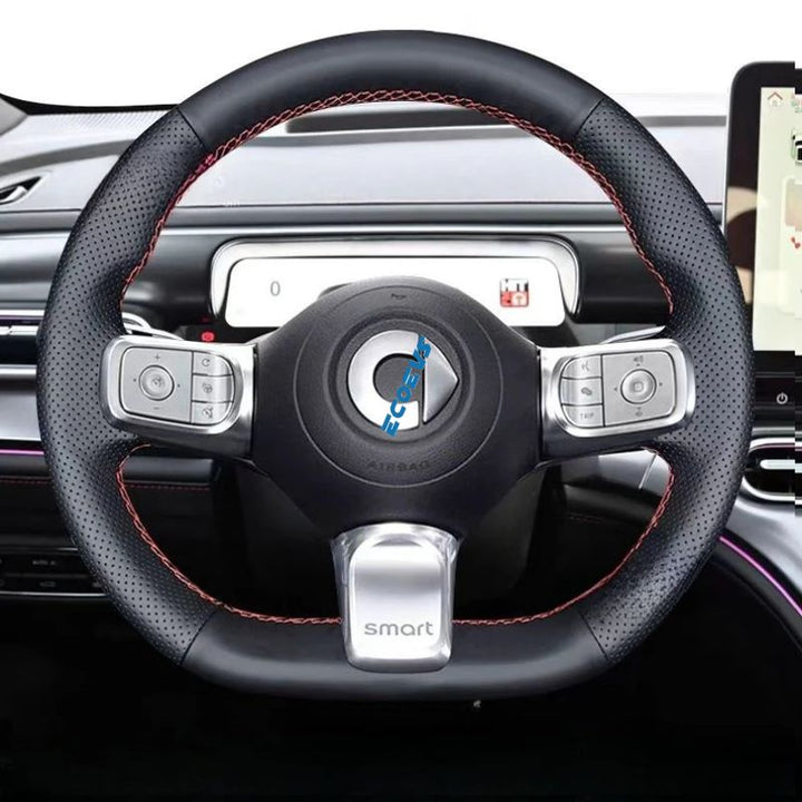 Genuine leather hand-stitched steering wheel cover for smart