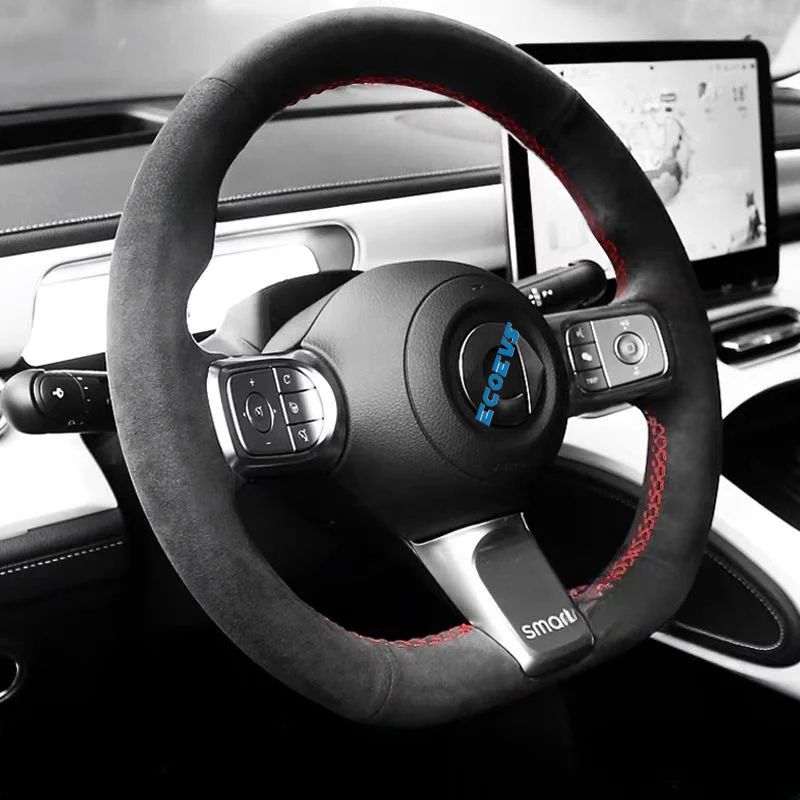 Genuine leather hand-stitched steering wheel cover for smart